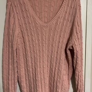 Pink V-Neck Cable Knit Sweater